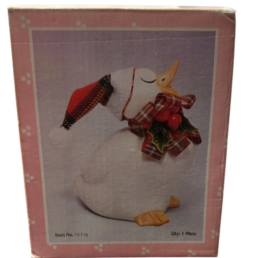 Vintage Holiday Ceramic Duck Figurine W/ Hat & Plaid Scarf White/Yellow 7"